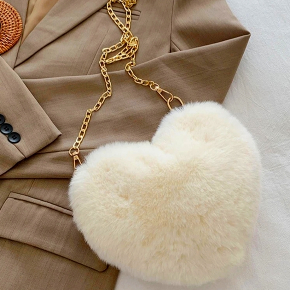NWT Plush Cream Heart Crossbody Bag with Gold Chain